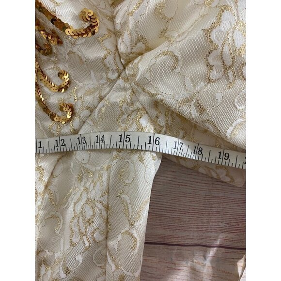 Vintage Mike Benet Formals Ivory Puff Sleeves Gown With Gold Trim - Small - Picture 9 of 14
